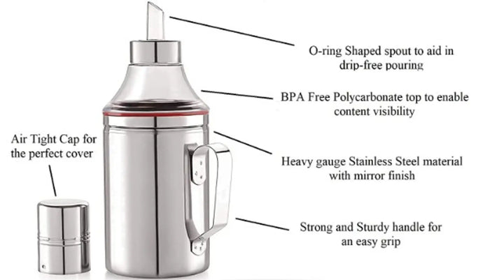 Stainless Steel Nozzle Oil Dispenser 1 Litre Silver | Oil Container | Oil Pourer | Oil Pot | Oil Can | Oil Bottle with Handle Set of 1