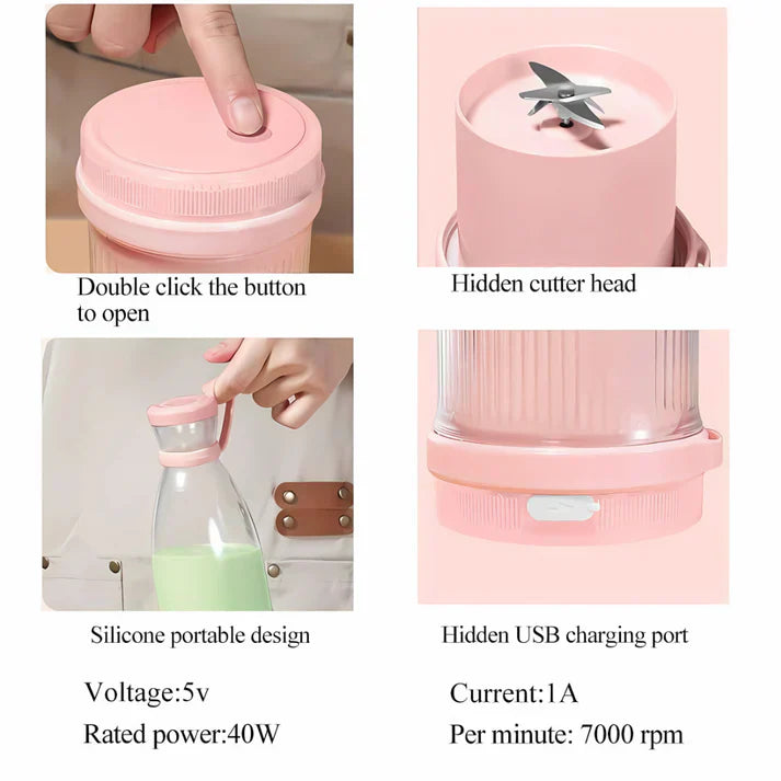 BLENDER PORTABLE JUICER FOR SMOOTHIE-JUICE-VEGETABLE SHAKES WITH 6 BLADES WIRELESS CHARGING MINI PERSONAL SIZE MIXER BOTTLE GRINDER 420 ML